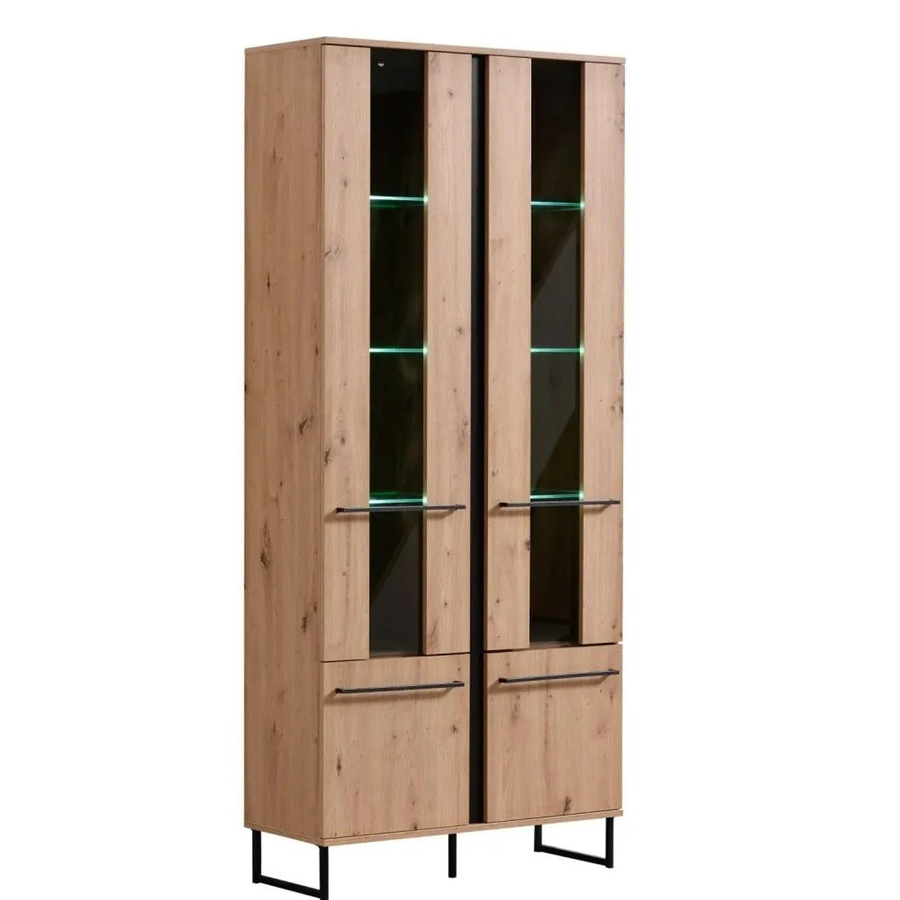 Homestyle4u Highboard Vitrine im Industrial Design aus Eiche mit Glasfront und Metall, Farbe Braun/Schwarz, H x B x T: 193 x 84,5 x 35 cm - Bild 2