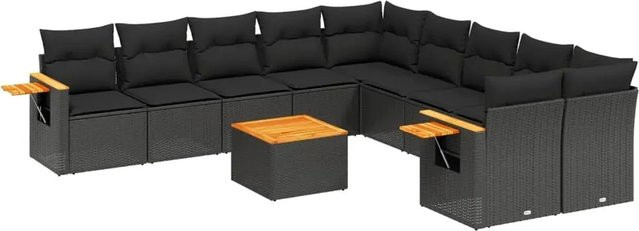vidaXL 11-tlg. Garten-Sofagarnitur aus Polyrattan und Akazienholz mit Kissen in Schwarz - Bild 1