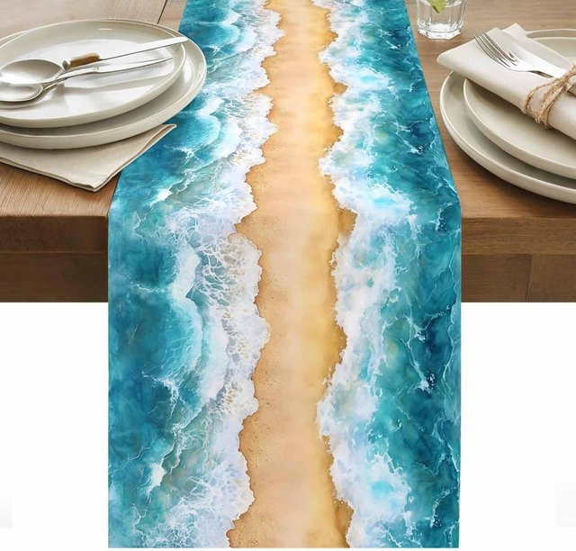 JMG Household Supplies Tischläufer aus Leinen mit nautischem Meereswellen-Design in Blau, B/T/H: 150 x 33 cm - Bild 1