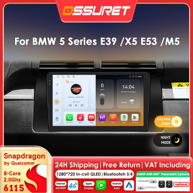 OSSURET 9 Zoll 2DIN Android 14 Autoradio mit Carplay und Snapdragon 6115 für BMW 5 E39 X5 E53 M5 in Schwarz - Bild 1