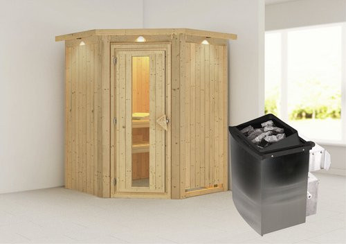 Karibu Sauna Tartu aus Fichtenholz mit 9 kW Saunaofen und integrierter Steuerung für 3 Personen, Farbe: beige - Bild 1