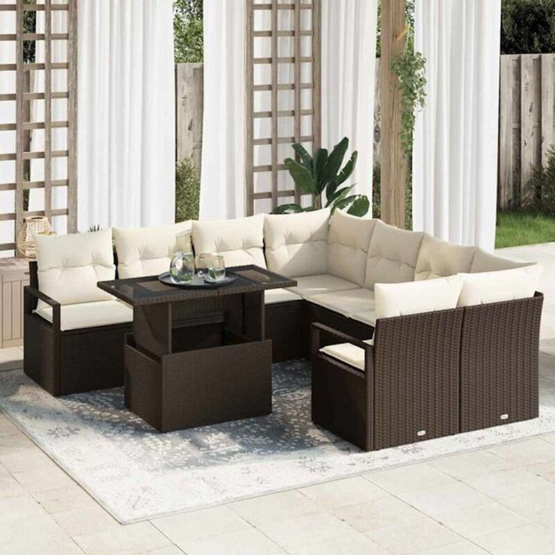 Vidaxl Garten-Sofa-Set aus 9 Teilen in Braun und Beige im modernen Polyrattan-Design mit Glas und Stahl, B/T/H: 100 x 55 x 73 cm - Bild 1