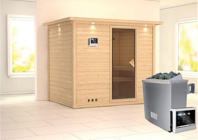 Karibu Sauna Sarina mit Bio-Ofen, externem LED-Steuergerät und Dachkranz in Natur - Bild 1