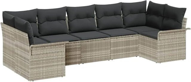 vidaXL Garten-Sofa-Set aus Polyrattan in Hellgrau, 7-teiliges L-Shape Lounge-Set mit Kissen für Garten, Balkon und Terrasse - Bild 1