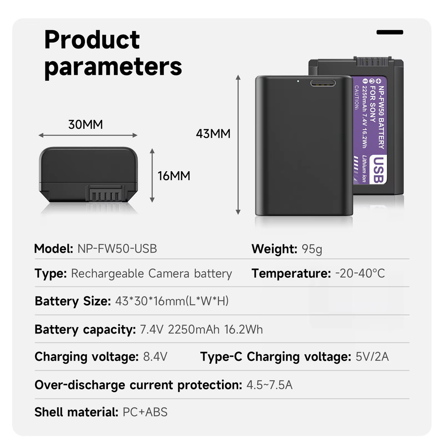 NP-FW50 Typ-C USB-Akku für Sony ZV-E10 A6000 A6400 A6300 A6500 A7 A7II A7RII A7SII A7S A7S2 A7R RX10 IV ILCE-QX1 in Schwarz - Bild 5