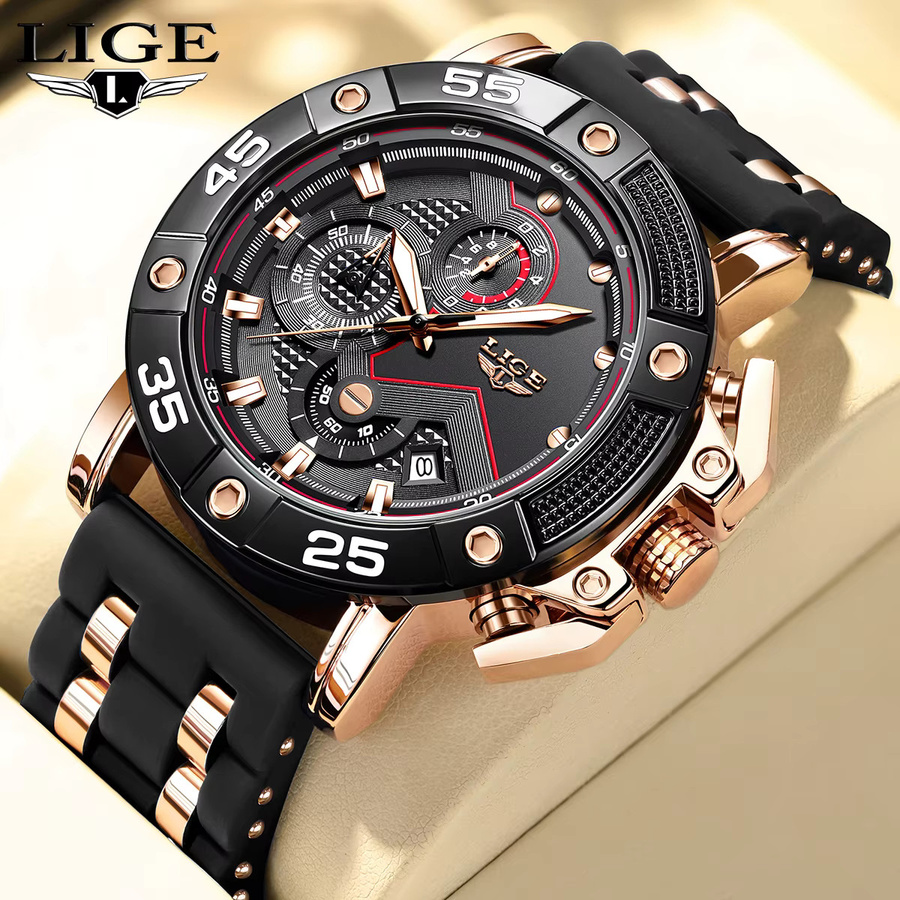 LIGE Chronograph Herrenuhr, Quarz, Silikon, Schwarz, Datum - Bild 2
