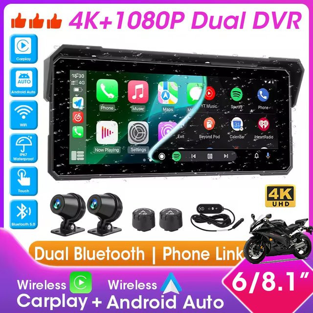 JMCQ Motorrad Dashcam mit CarPlay und Android Auto, 6 oder 8,1 Zoll Wasserdichter Laufwerksrekorder mit 4K+1080P Auflösung, GPS Navigation und Bluetooth, Schwarz - Bild 1