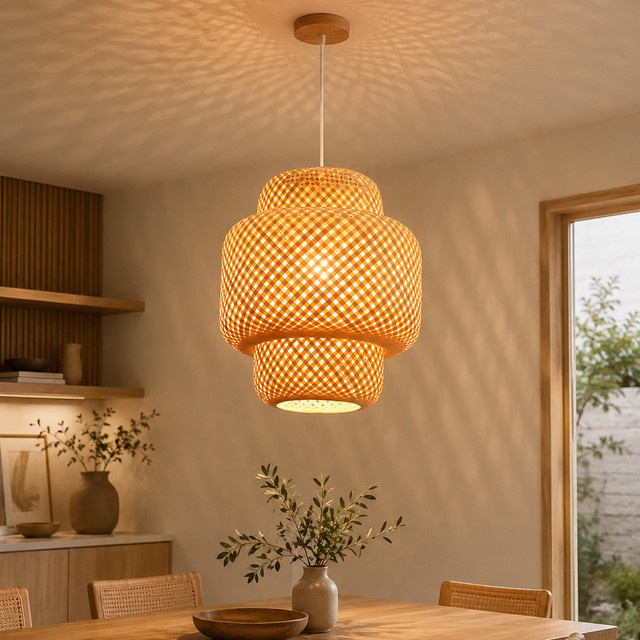 2er-Set JOYINLED Pendelleuchten aus Bambus und Rattan im Boho-Stil, handgewebte Hängelampen für Wohnzimmer und Esszimmer, Durchmesser: 30 cm - Bild 1