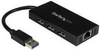 StarTech.com Tragbarer 3-Port USB 3.0 Hub mit Gigabit Ethernet Adapter in Schwarz (ST3300GU3B) - Bild 1
