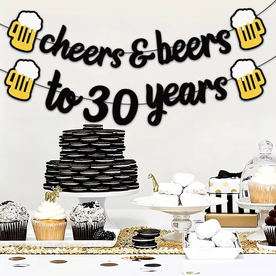 AFYPRTY Cheers to 30 Years Banner Schwarz-Gold Glitzer Girlande für die 30. Geburtstagsfeier - Bild 3