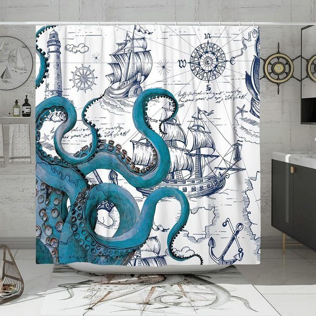 Nautischer Duschvorhang von Monika Chen mit Oktopus- und Küstendesign in Blau, wasserdicht und schimmelresistent aus Polyester, B: 90 cm, H: 180 cm - Bild 1
