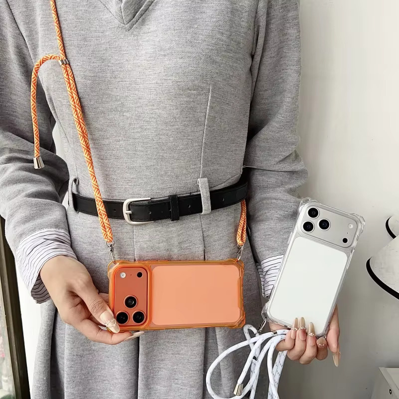 Stoßfeste Crossbody Lanyard Hülle für Apple iPhone 11 bis 17 Pro Max Plus mit Riemen in Transparent und Orange - Bild 2