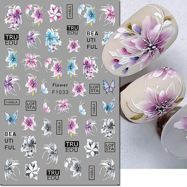 AuuuGBeau 3D Nail Art Aufkleber, Lila Blüte und Schmetterlinge - Bild 1