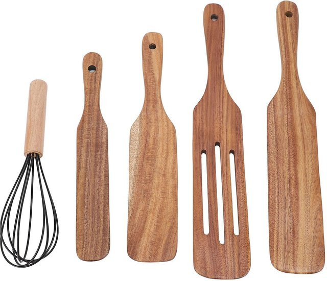 Holzkochlöffel-Set von CosyHome in Beige mit Pfannenwender, Eierschläger und Schneebesen aus Holz - Bild 1