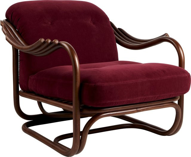 Gubi Poltrona Tria Lounge Chair mit Rattan und rotem Samtbezug - Bild 1