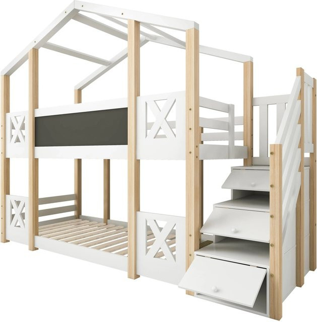 KOMHTOM Kinder Etagenbett Baumhaus in Natur und Weiß mit Treppe, Stauraum und Rausfallschutz, B/T/H: 205 x 90 x 174 cm - Bild 1
