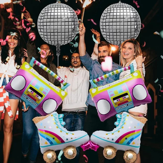 6er Set BALONAQ 4D Regenbogen Folienballons im 80er 90er Jahre Retro Disco Stil für deine Geburtstag Party Dekoration, Mehrfarbig, Durchmesser: 55,88 cm - Bild 1