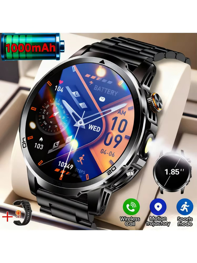 GUHUAVMI Smartwatch für Männer mit 1,85 Zoll HD AMOLED Display, Wasserdicht und mit Taschenlampe sowie 24H Gesundheitsüberwachung in Schwarz und Silber - Bild 5