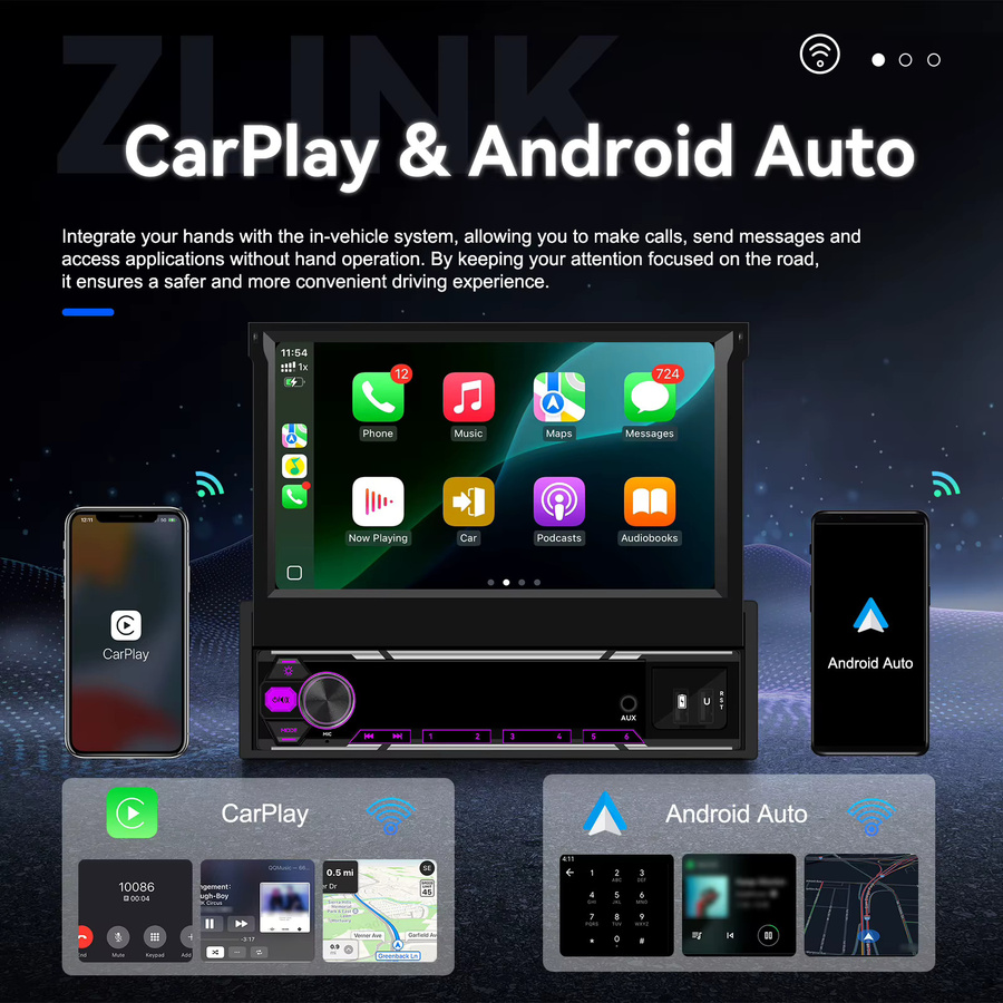 Podofo 1DIN Intelligentes Carplay Android Auto Autosystem mit 128G Speicher, GPS, WIFI und manuellem Teleskop-Display in Schwarz - Bild 2