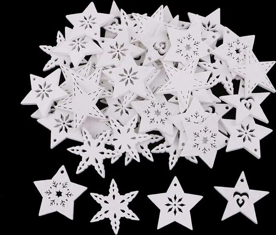 50 Stück weiße Schneeflocken aus Holz als Hängeornamente für Weihnachten, Hochzeit und Bastelarbeiten, Durchmesser: 3 cm - Bild 1