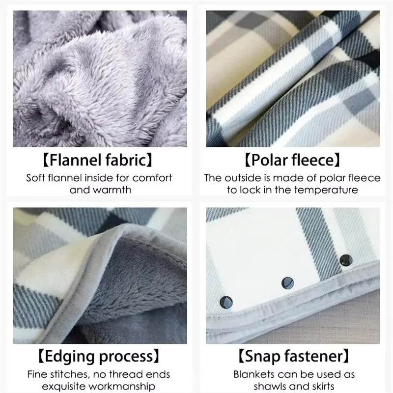 DUTRIEUX Fleece-Überwurfdecke mit Ärmeln und Knöpfen, kariertes Design, warm für Winter, Büro und Reisen, B/T: 130 x 80 cm - Bild 3