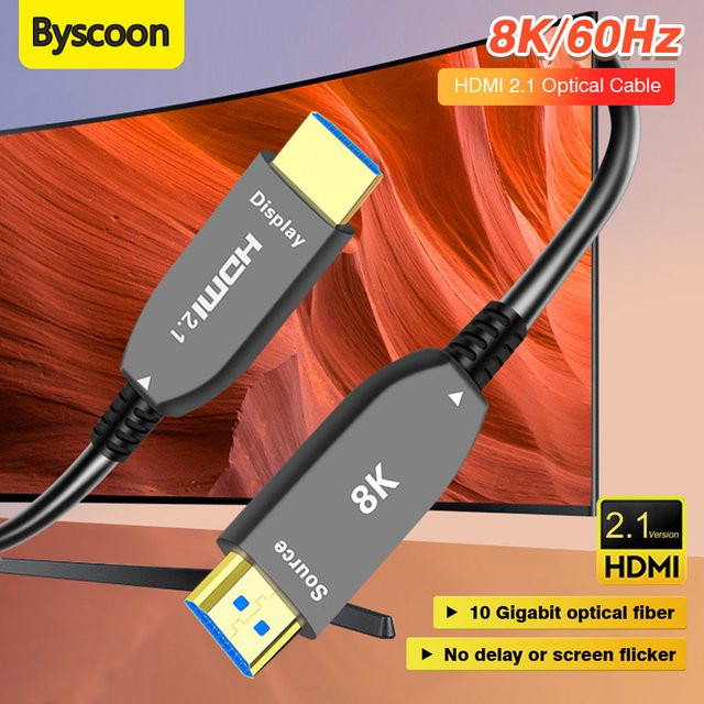 Byscoon HDMI 2.1 Glasfaserkabel in Schwarz mit 48Gbps für 8K@60Hz und 120Hz, unterstützt HDR, eARC und HDCP 2.3 für 7.1-Kanal Sound, kompatibel mit LG, Sony TV, Projektoren und PS5 - Bild 1