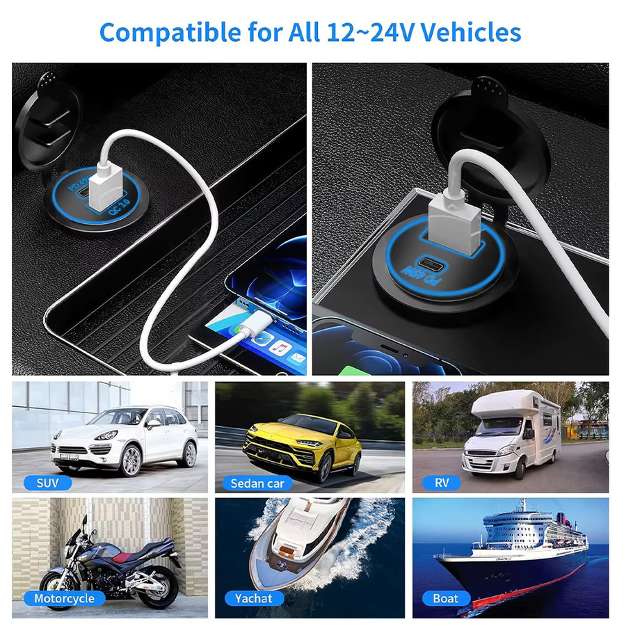 Kebidumei USB Autoladegerät mit PD & QC 3.0 Schnellladung, 60W, Schwarz, Wasserdicht für Auto, Motorrad, LKW und Boot - Bild 6
