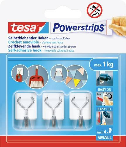 tesa Powerstrips Klebehaken Weiß, 3 Stück, Tragkraft bis 1,0 kg, ablösbar und wiederverwendbar - Bild 1