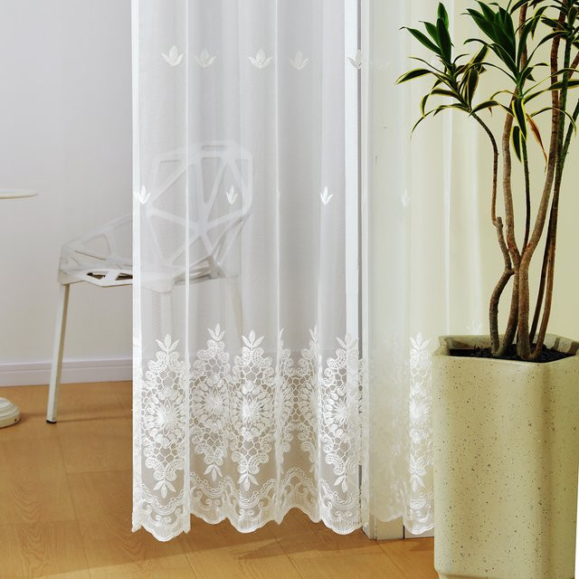 Transparenter weißer Tüllvorhang mit floraler Stickerei im pastoralen Stil für Wohnzimmer und Schlafzimmer, Breite: 160 cm, Höhe: 132 cm - Bild 1