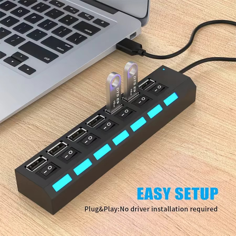7-Port USB 2.0 Splitter mit Anti-Burnout-Schutz und Hochgeschwindigkeits-Synchronübertragung in Schwarz für PC, Laptop und andere Geräte - Bild 3