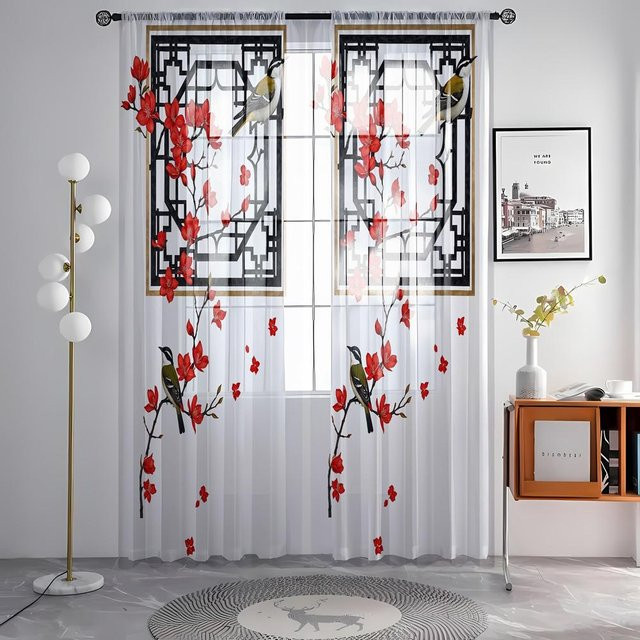 2-teiliger dekorativer Fenstervorhang mit rotem Flügel-Pflaumen-Motiv in Weiß, Breite: 132 cm, Höhe: 160 cm - Bild 1