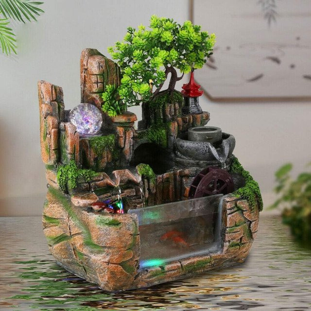 BYMAOCAR Zimmerbrunnen Wasserfallbrunnen als Tischbrunnen mit LED-Beleuchtung, Nebelfunktion und Pflanzen in Grün und Steinoptik - Bild 1