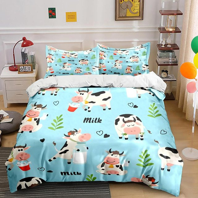Flylo 3-teiliges Kinderbettwäsche-Set mit Cartoon-Kühen und Milchmuster, bunt, Polyester, B/H: 140 x 210 cm - Bild 1
