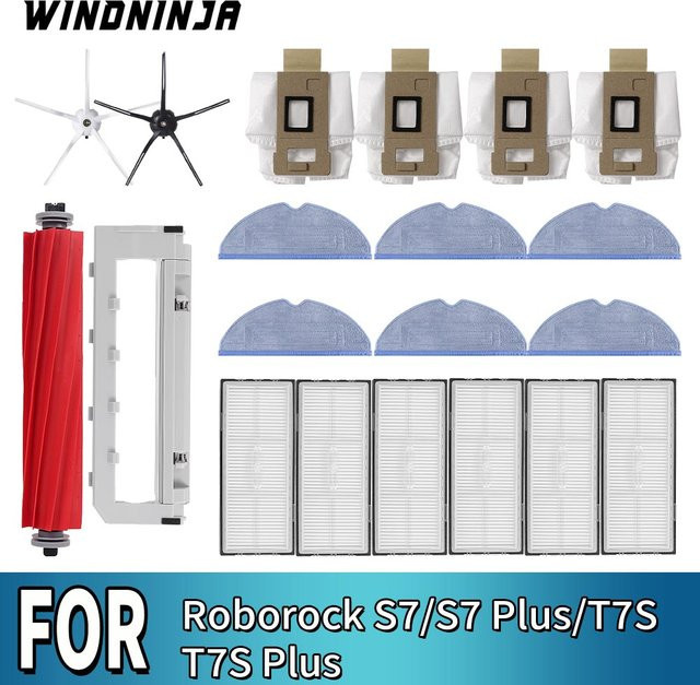 WINDNINJA Zubehör-Set für Roborock S7 S7 Plus T7S T7S Plus: Ersatzbürsten, Filter, Mopps und Staubbeutel - Bild 1