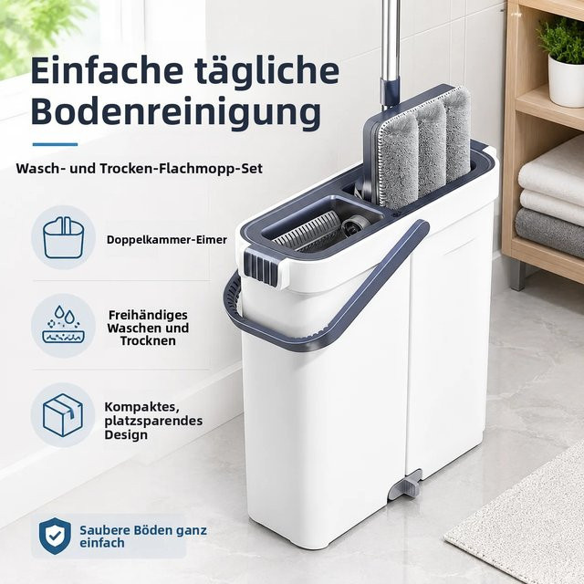 Joybos platzsparendes Moppeimer-Set in Weiß mit selbstreinigendem Flachmopp, integriertem Haarschaber und waschbaren Pads - Bild 1