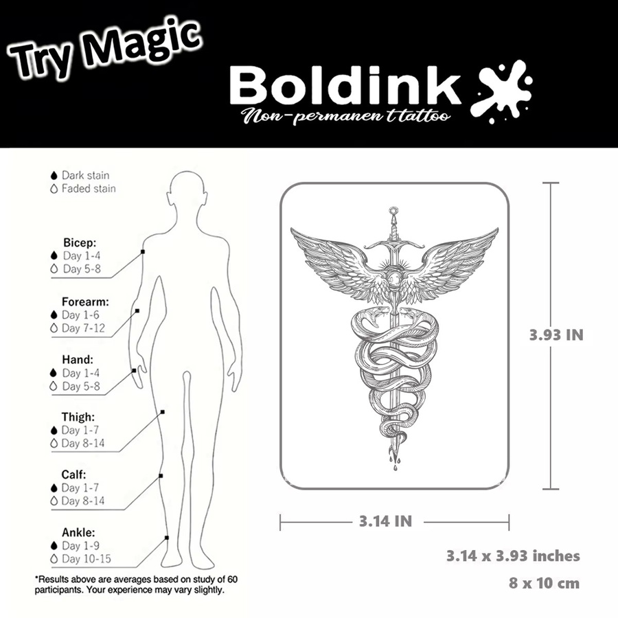 Boldink Temporäres Tattoo, Winged Caduceus Sword Design, wasserfest - Bild 4