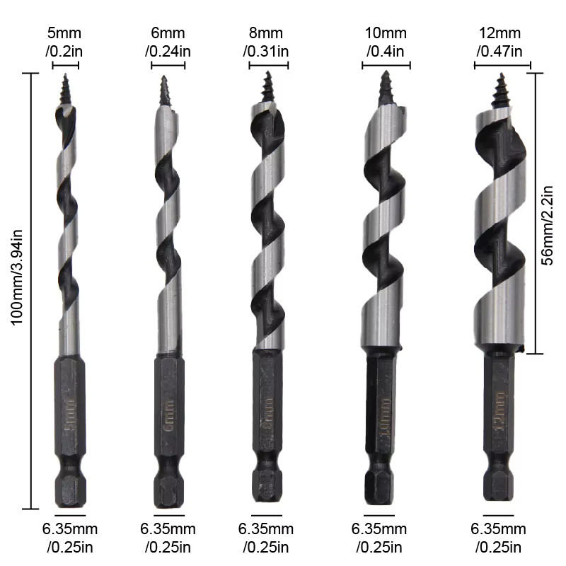 Mr Drill Carpenter Schneckenbohrer Set mit Sechskantaufnahme, 5 Stück, 100 mm Länge, Durchmesser 5-12 mm - Bild 2