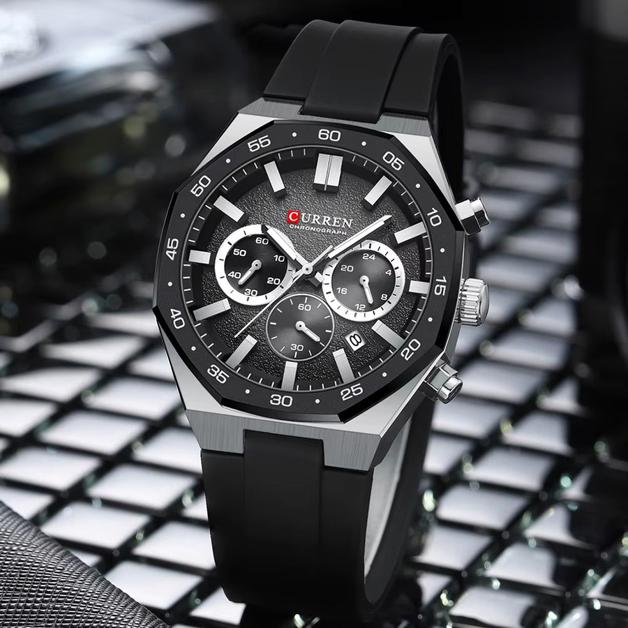 CURREN Chronograph Armbanduhr, Quarz, Silikon, Schwarz, Herren - Bild 4