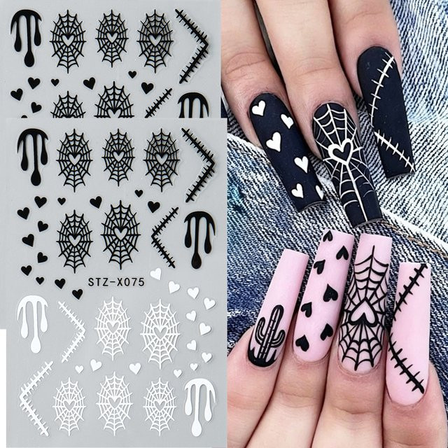 Full Beauty Nagelaufkleber Spinnennetz mit Herzchen, Schwarz-Weiß, 2 Stück - Bild 1