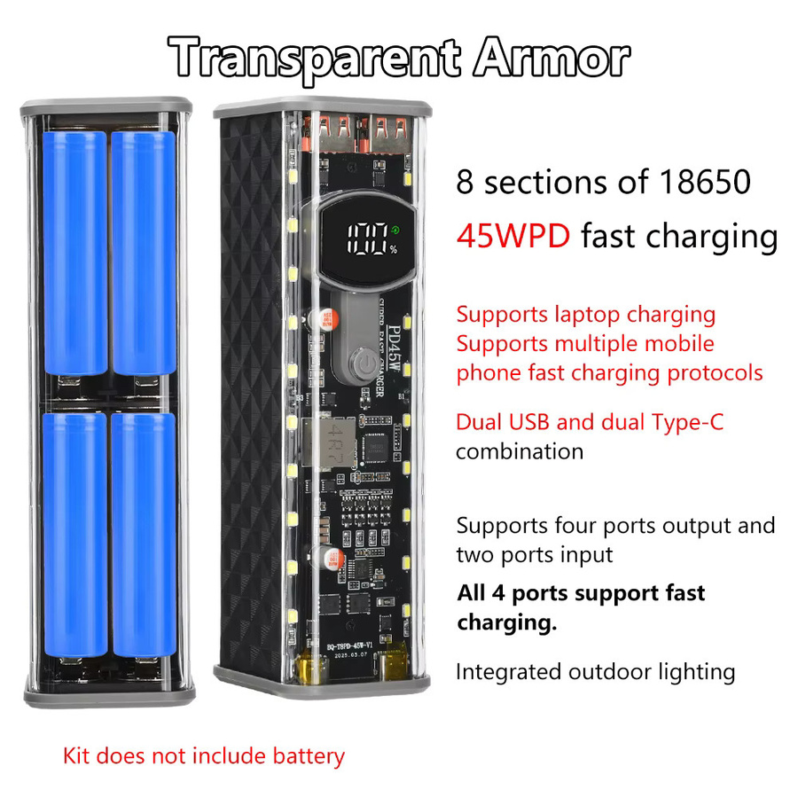 Gaqqee Transparente Powerbank-Hülle mit USB-C für 8x 18650 Batterien, Gelb - Bild 2