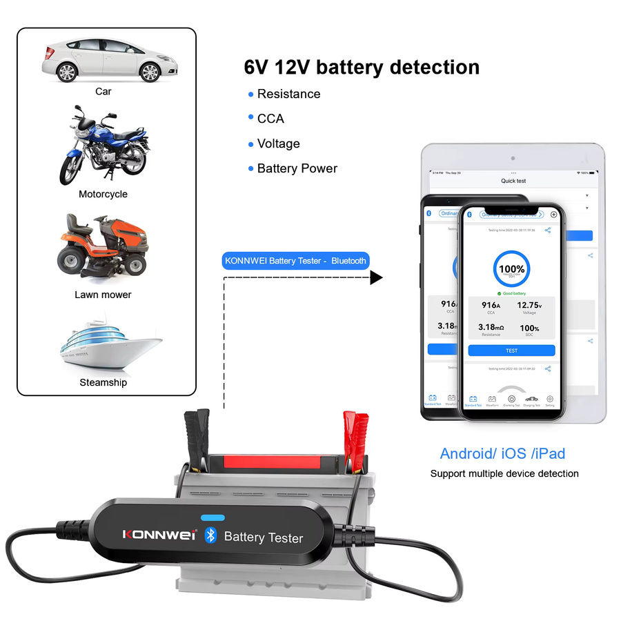 KONNWEi Bluetooth Autobatterietester zur Überwachung der Batteriespannung und zum Ladescan für 6V, 12V und 24V in Schwarz-Silber - Bild 5