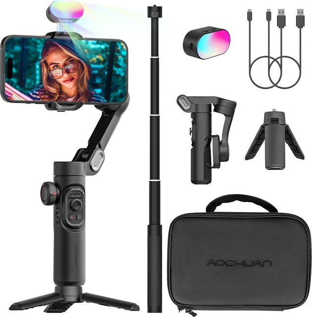 AOCHUAN Smart XE Combo1 3-Achsen-Handheld-Gimbal-Stabilisator mit Verlängerungsstange für iPhone und Android Smartphones, Schwarz - Bild 1
