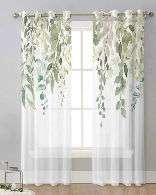 Yiran Furniture Transparente Voile-Gardinen mit Eukalyptus-Blatt-Design, Chiffon-Vorhänge für Wohnzimmer, Schlafzimmer und Küche, Farbe: Transparent, Breite: 65 cm, Höhe: 60 cm, 2 Stück mit Haken - Bild 1