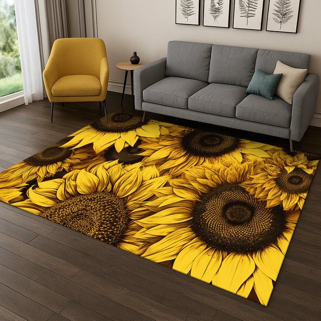 Faviora Rutschfester Teppich mit Gänseblümchen- und Sonnenblumen-Blumenmuster in Gelb für Wohnzimmer, Schlafzimmer und Küche - Bild 1