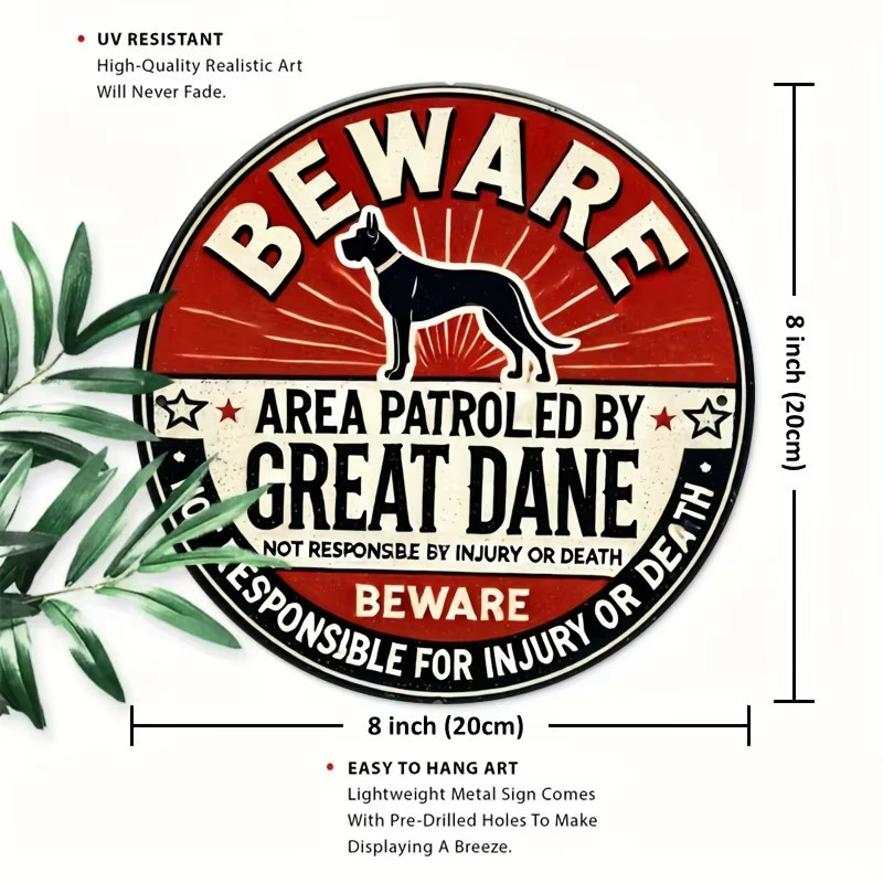 Potdemiel Wandkunst Great Dane Warning Area Patrol Reminder Vintage Metallschild Rund Rot Durchmesser: 20 cm - Bild 2