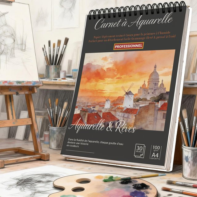 Spiralgebundenes Kunstskizzenbuch A4 mit schwarzem Hardcover und Paris-Stadtlandschaft-Aufdruck, blanko Papierblock mit 100 GSM säurefreiem Papier für Künstler und Profis - Bild 1