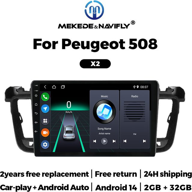 MEKEDE Multimedia Auto Radio mit WiFi und Carplay für Peugeot 508, Schwarz - Bild 1