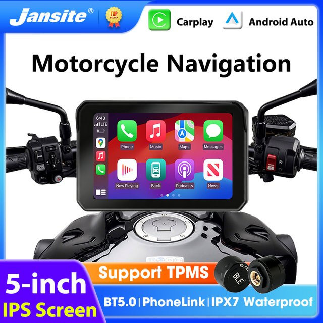 Jansite 5 Zoll tragbares Motorrad-Navigations-GPS mit kabellosem CarPlay und Android Auto, IPX7 wasserdicht, Dual Bluetooth 5.0, Schwarz - Bild 1