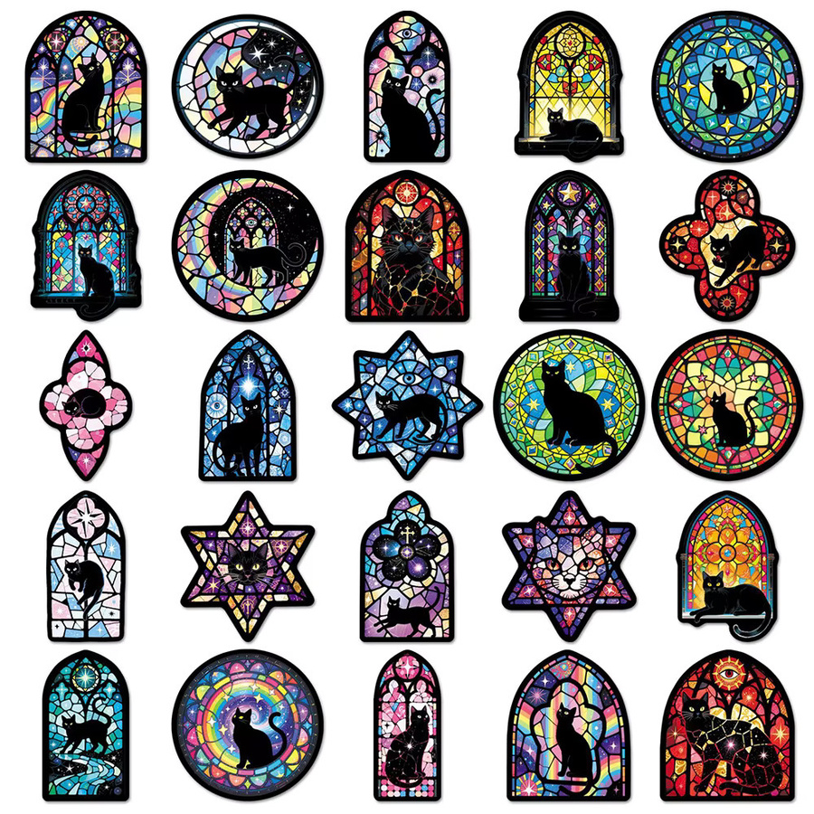 Rspctou Vintage Katzen Aufkleber im Gothic-Stil, Bunte Glas- und Schwarze Katzen Sticker aus PVC für DIY Dekoration, Multicolor - Bild 3