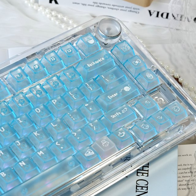 Venit Keys Tastenkappen für mechanische Tastaturen mit 136 Tasten im Cherry-Profil, blau und transparent mit Kitty-Katzen-Design - Bild 1